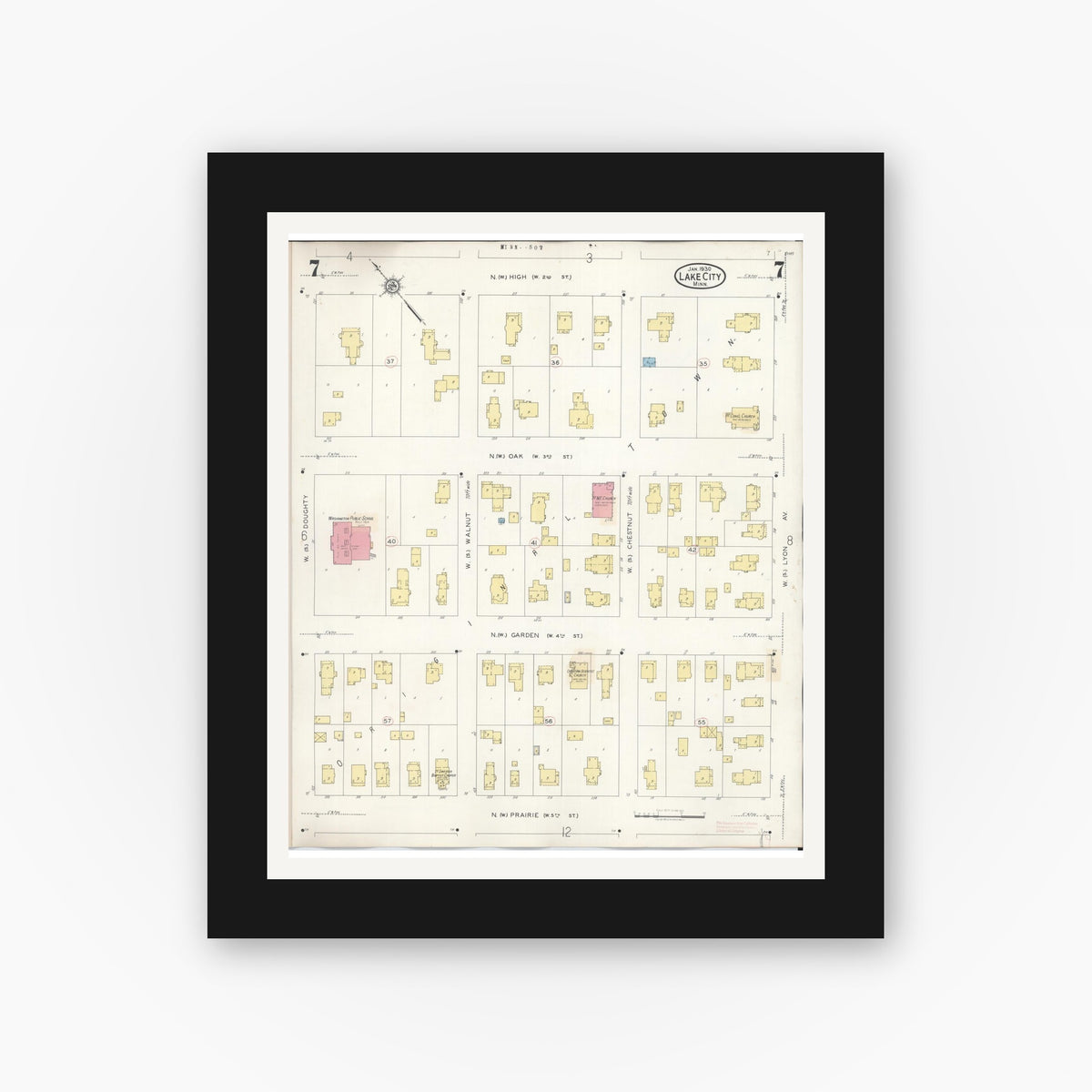 Old map wall art mockup — black gallery frame with white mat — Sanborn Fire Insurance Map from Lake City, Wabasha County, Minnesota (1938), Sheet #0007