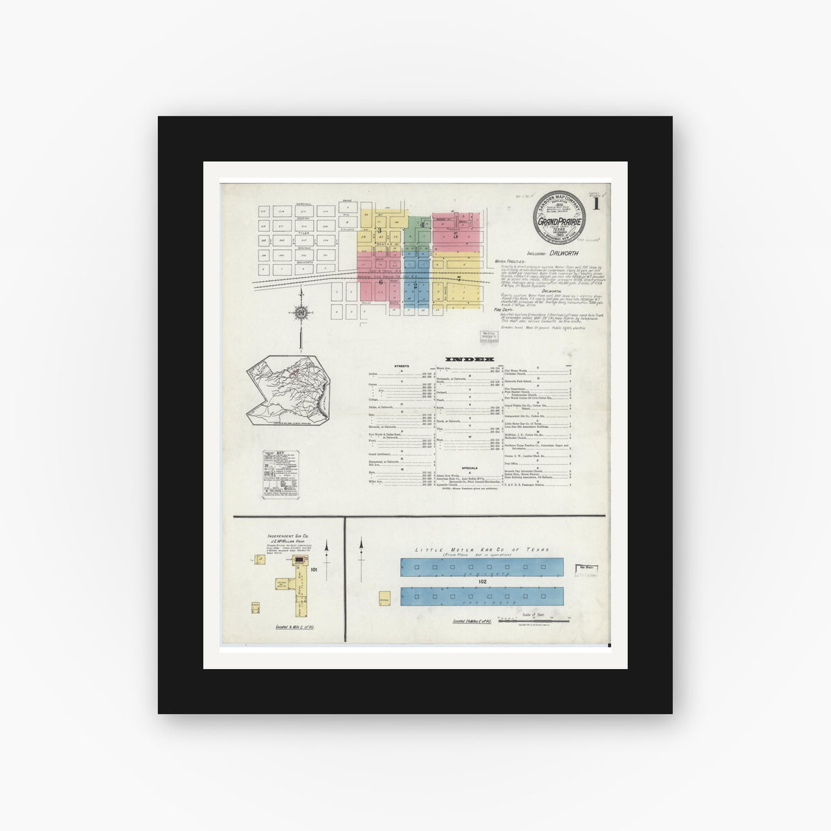 Old map wall art mockup — black gallery frame with white mat — Sanborn Fire Insurance Map from Grand Prairie, Dallas County, Texas (1920) - Complete Map Set