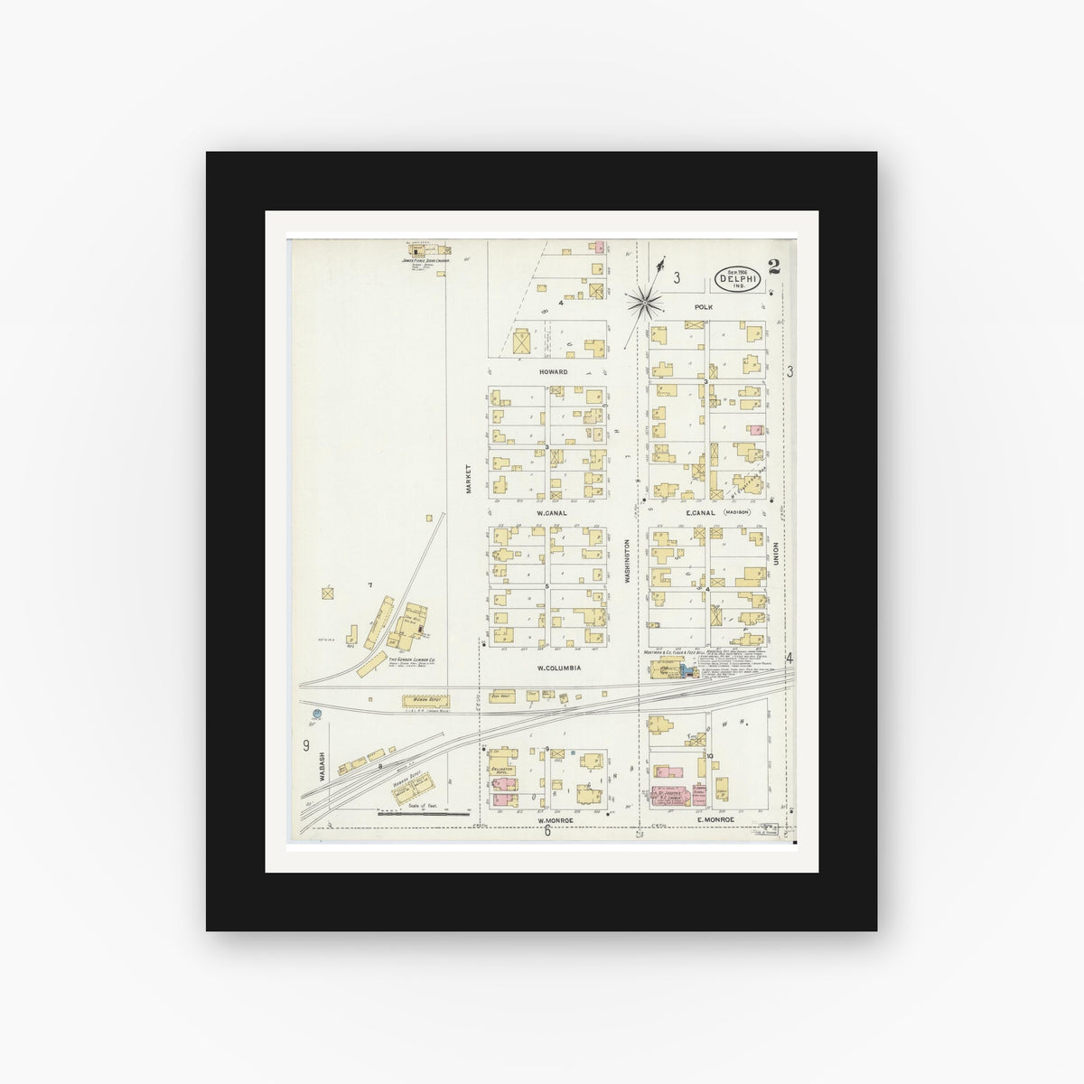 Old map wall art mockup — black gallery frame with white mat — Sanborn Fire Insurance Map from Delphi, Carroll County, Indiana (1906), Sheet #0002
