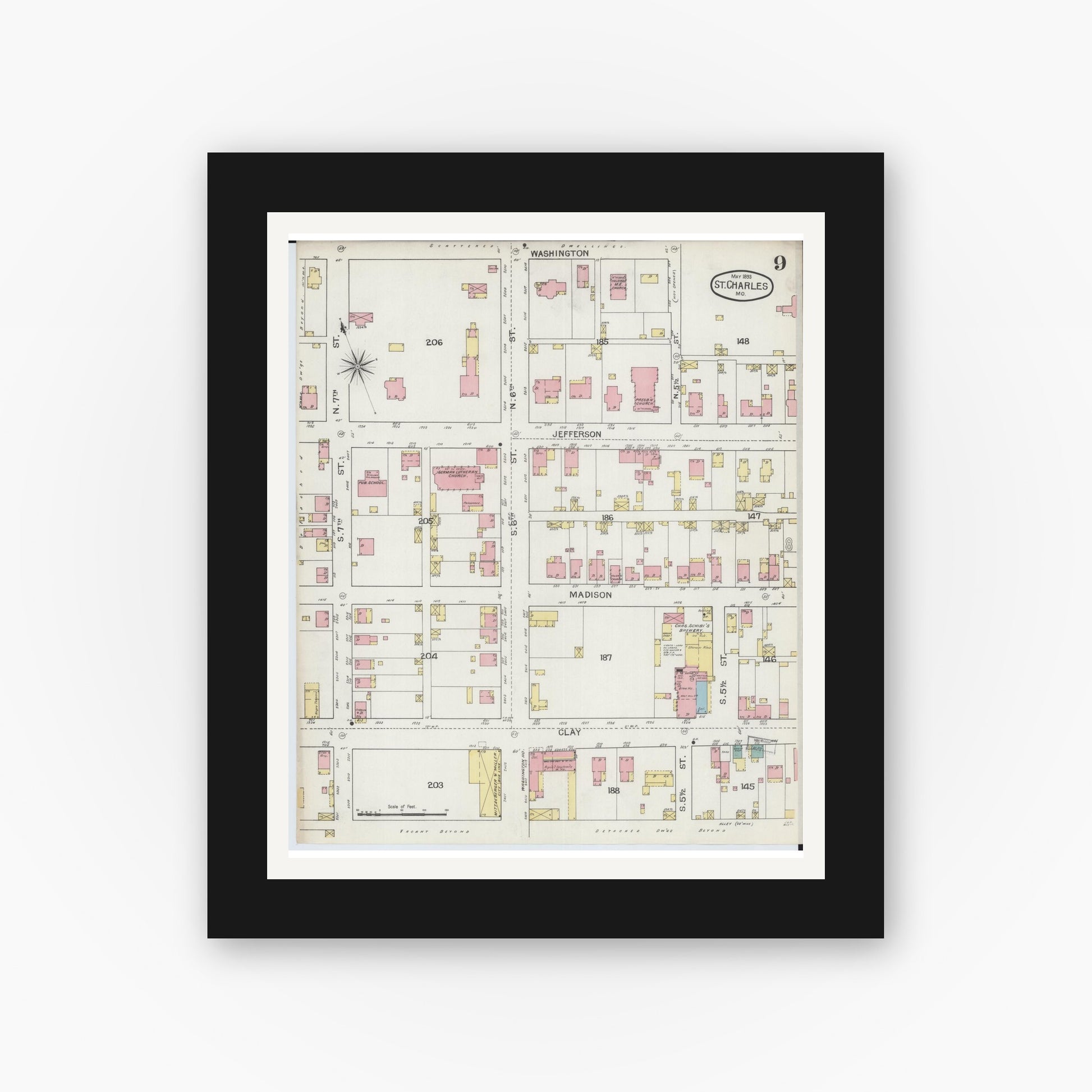 Old map wall art mockup — black gallery frame with white mat — Sanborn Fire Insurance Map from Saint Charles, Saint Charles County, Missouri (1893), Sheet #0009