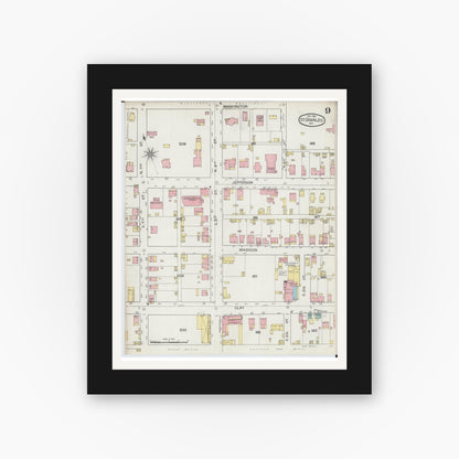 Old map wall art mockup — black gallery frame with white mat — Sanborn Fire Insurance Map from Saint Charles, Saint Charles County, Missouri (1893), Sheet #0009