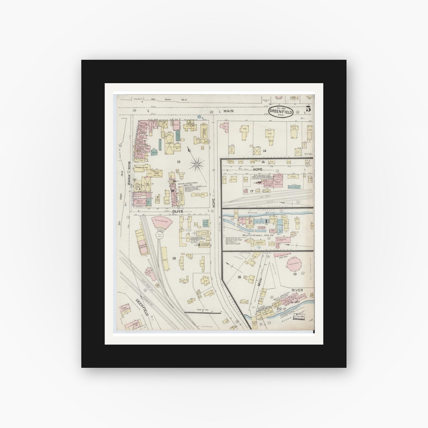 Old map wall art mockup — black gallery frame with white mat — Sanborn Fire Insurance Map from Greenfield, Franklin County, Massachusetts (1887), Sheet #0005