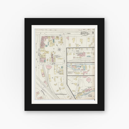 Old map wall art mockup — black gallery frame with white mat — Sanborn Fire Insurance Map from Greenfield, Franklin County, Massachusetts (1887), Sheet #0005