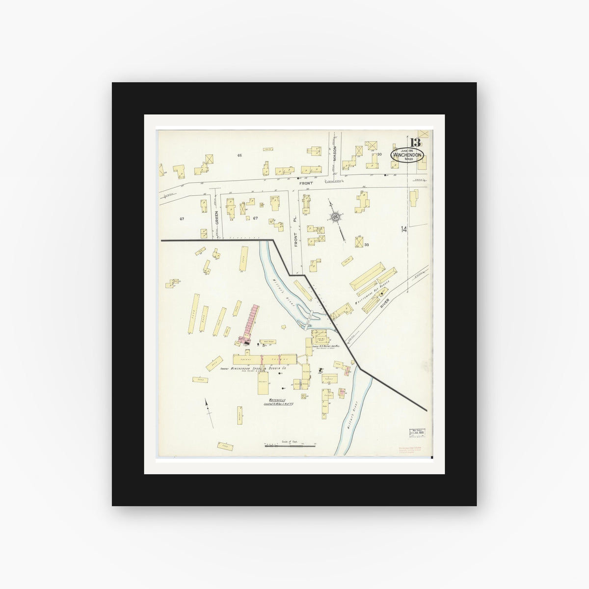 Old map wall art mockup — black gallery frame with white mat — Sanborn Fire Insurance Map from Winchendon, Worcester County, Massachusetts (1914), Sheet #0013