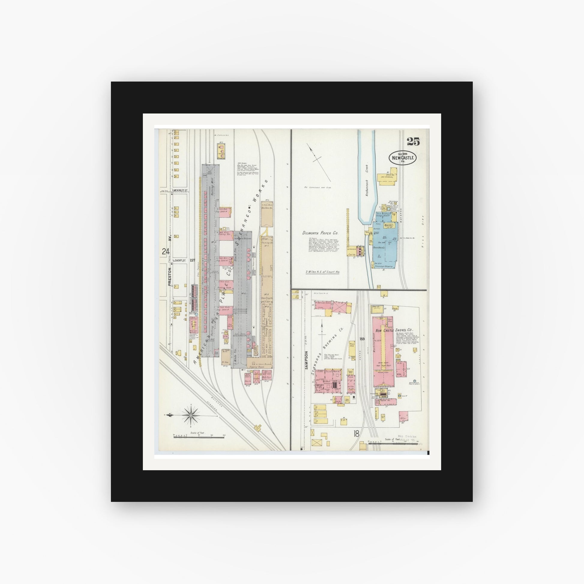 Old map wall art mockup — black gallery frame with white mat — Sanborn Fire Insurance Map from New Castle, Lawrence County, Pennsylvania (1899), Sheet #0025