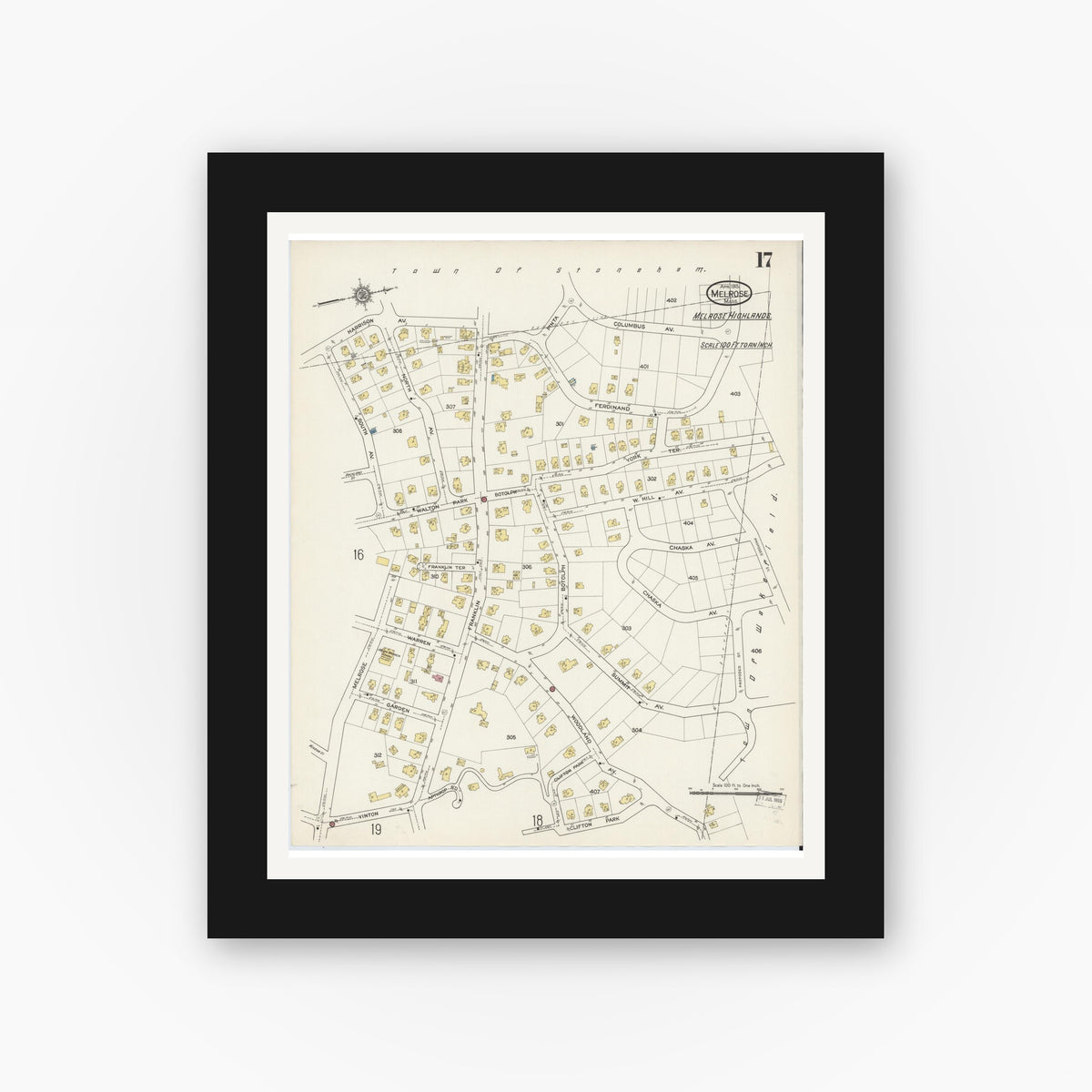 Old map wall art mockup — black gallery frame with white mat — Sanborn Fire Insurance Map from Melrose, Middlesex County, Massachusetts (1915), Sheet #0017