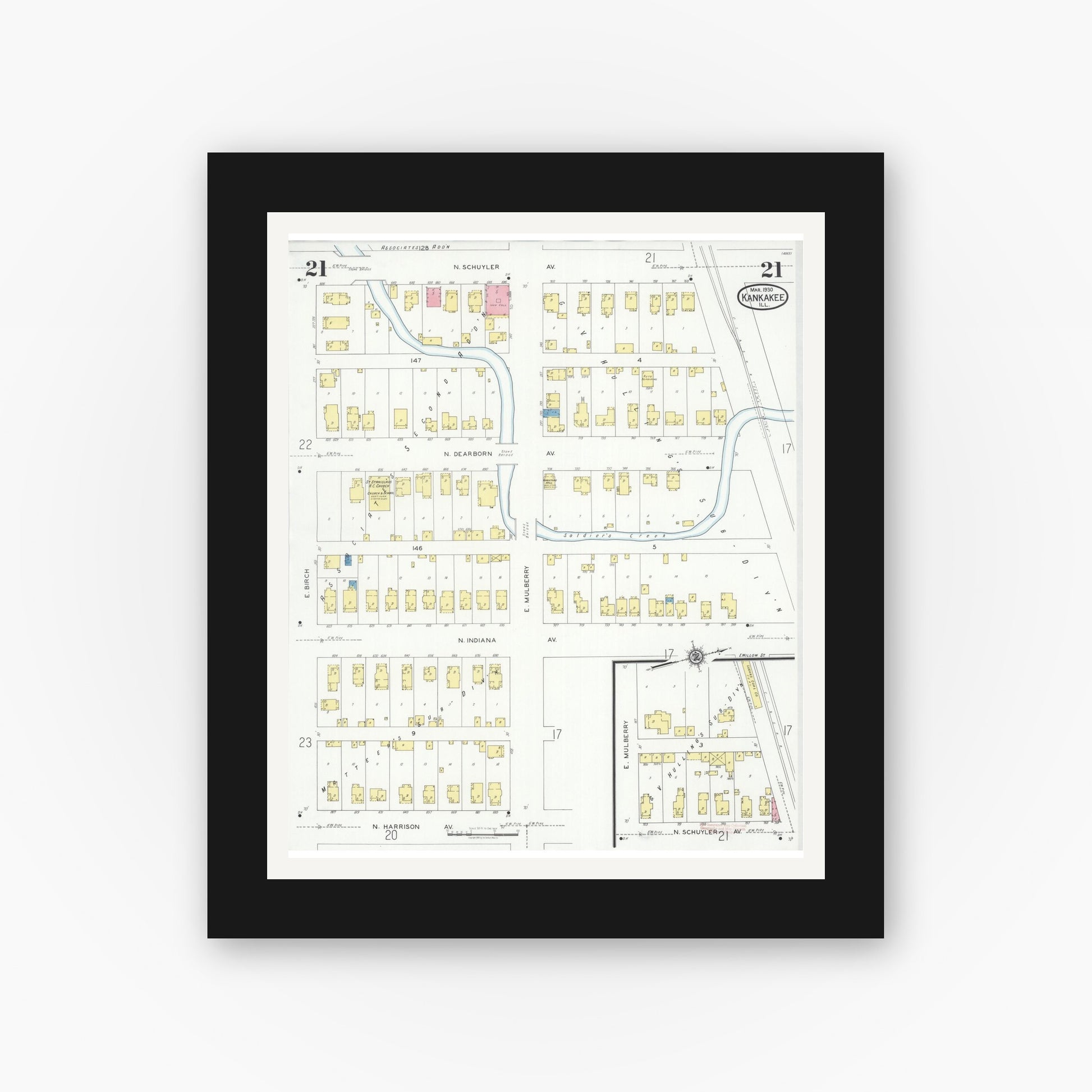 Old map wall art mockup — black gallery frame with white mat — Sanborn Fire Insurance Map from Kankakee, Kankakee County, Illinois (1930), Sheet #0021