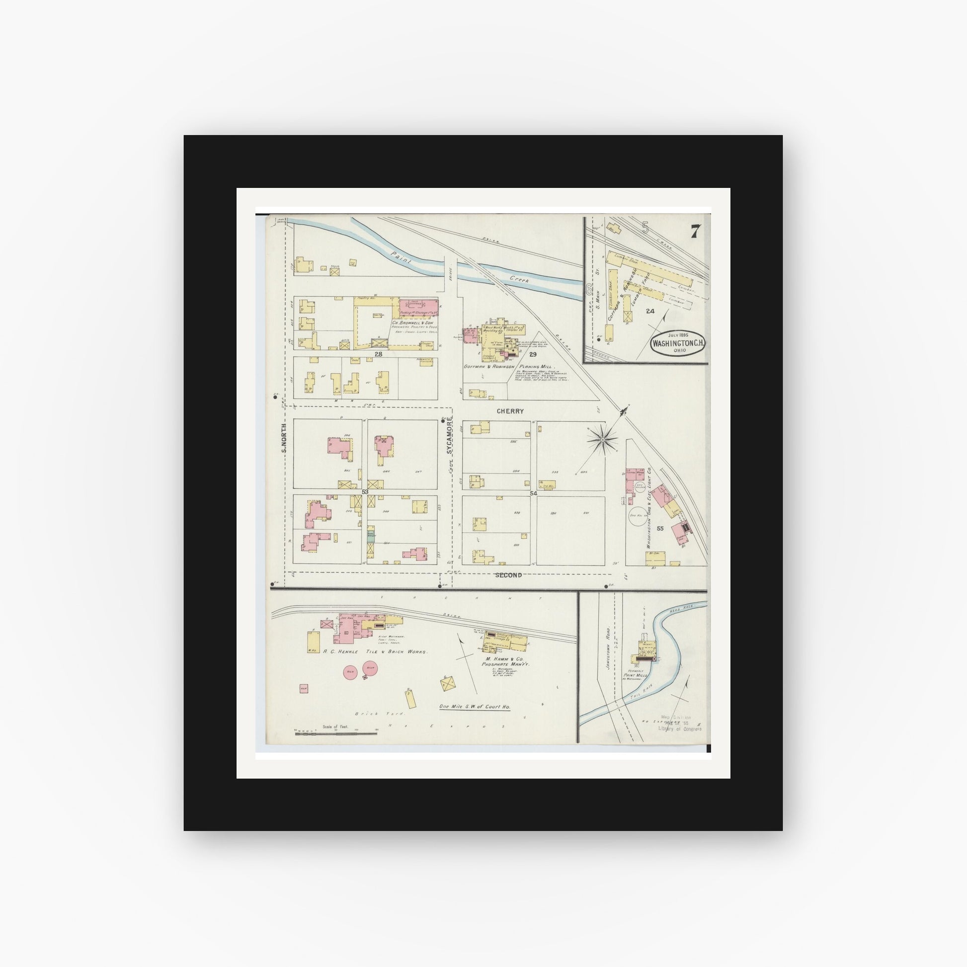 Old map wall art mockup — black gallery frame with white mat — Sanborn Fire Insurance Map from Washington Court House, Fayette County, Ohio (1895), Sheet #0007
