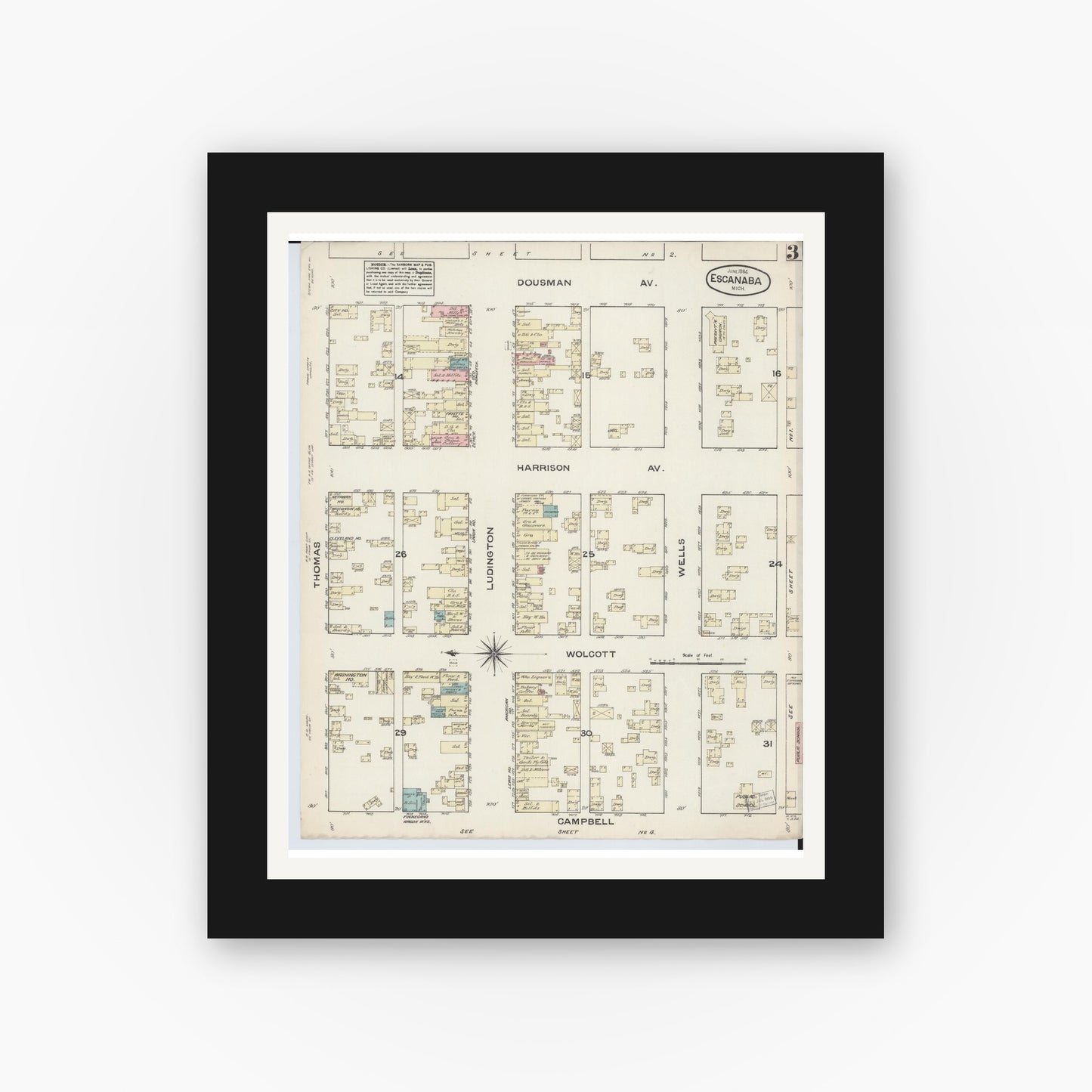Old map wall art mockup — black gallery frame with white mat — Sanborn Fire Insurance Map from Escanaba, Delta County, Michigan (1884), Sheet #0003