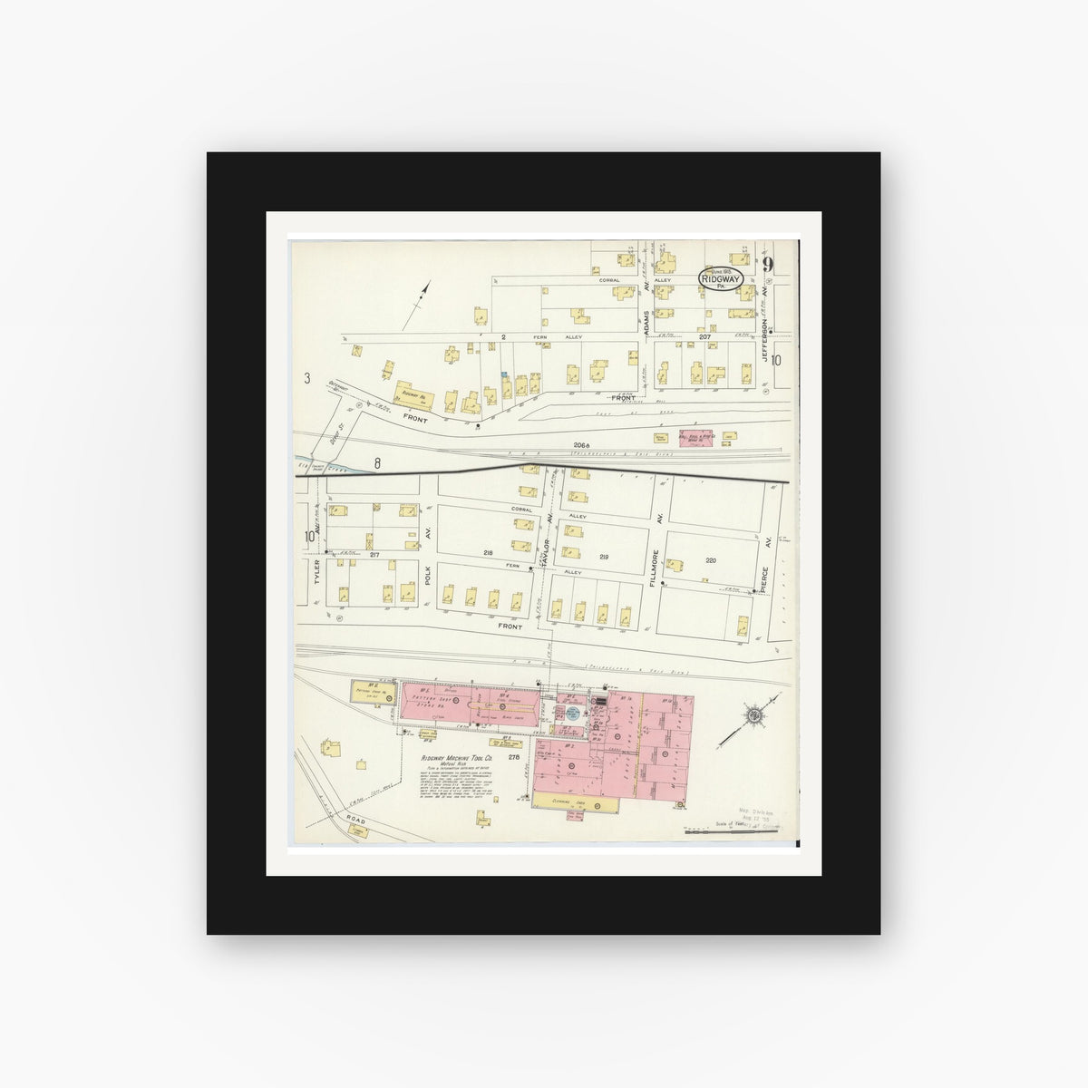 Old map wall art mockup — black gallery frame with white mat — Sanborn Fire Insurance Map from Ridgway, Elk County, Pennsylvania (1915), Sheet #0009