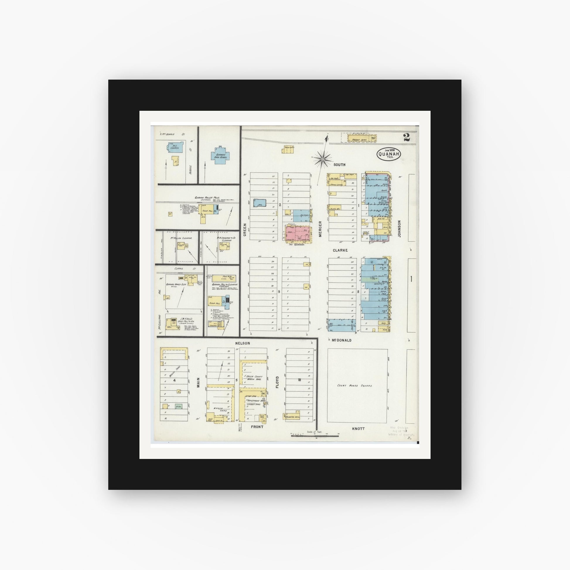 Old map wall art mockup — black gallery frame with white mat — Sanborn Fire Insurance Map from Quanah, Hardeman County, Texas (1898), Sheet #0002