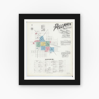 Old map wall art mockup — black gallery frame with white mat — Sanborn Fire Insurance Map from Alliance, Stark County, Ohio (1892), Sheet #0001