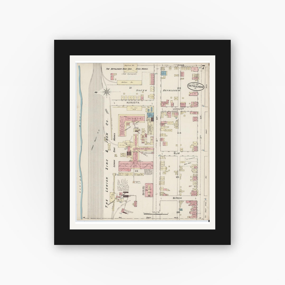 Old map wall art mockup — black gallery frame with white mat — Sanborn Fire Insurance Map from Bethlehem, Northampton And Lehigh Counties, Pennsylvania (1885), Sheet #0007