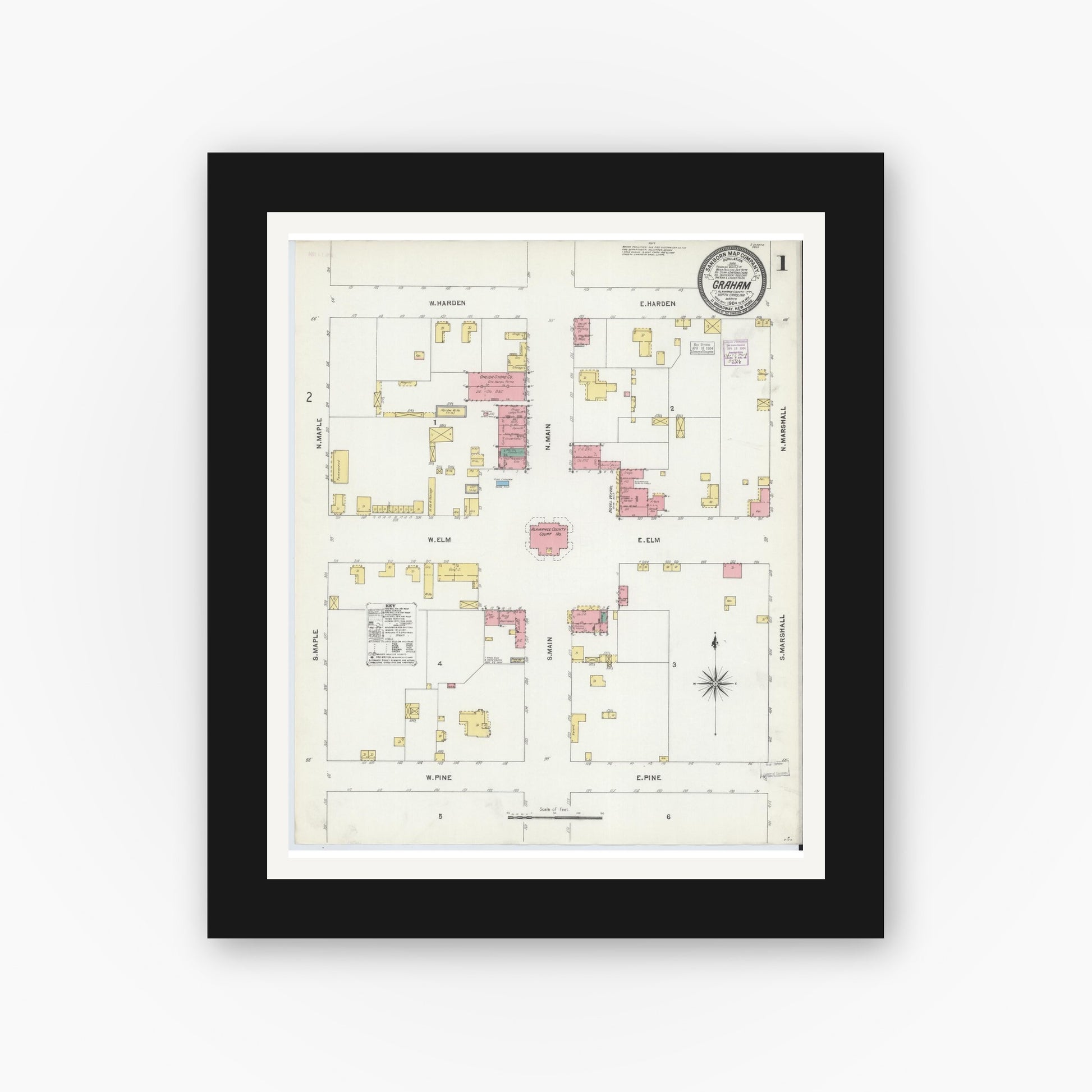 Old map wall art mockup — black gallery frame with white mat — Sanborn Fire Insurance Map from Graham, Alamance County, North Carolina (1904) - Complete Map Set
