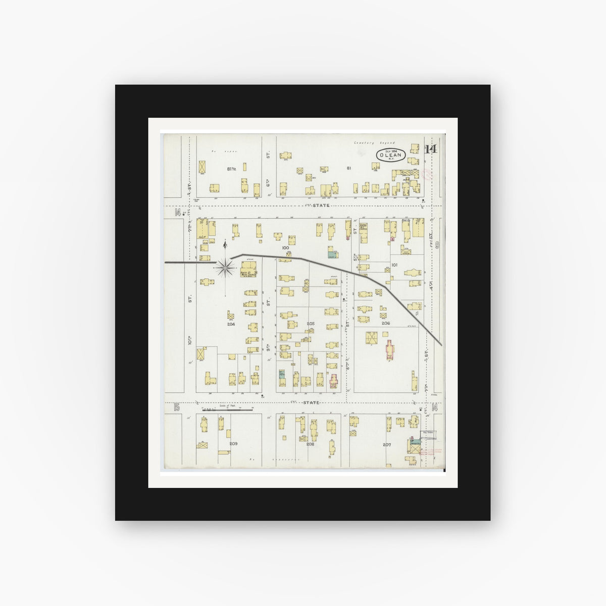 Old map wall art mockup — black gallery frame with white mat — Sanborn Fire Insurance Map from Olean, Cattaraugus County, New York (1894), Sheet #0014