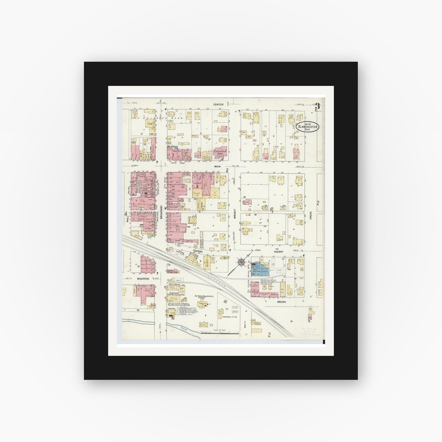 Old map wall art mockup — black gallery frame with white mat — Sanborn Fire Insurance Map from Blanchester, Clinton County, Ohio (1911), Sheet #0003