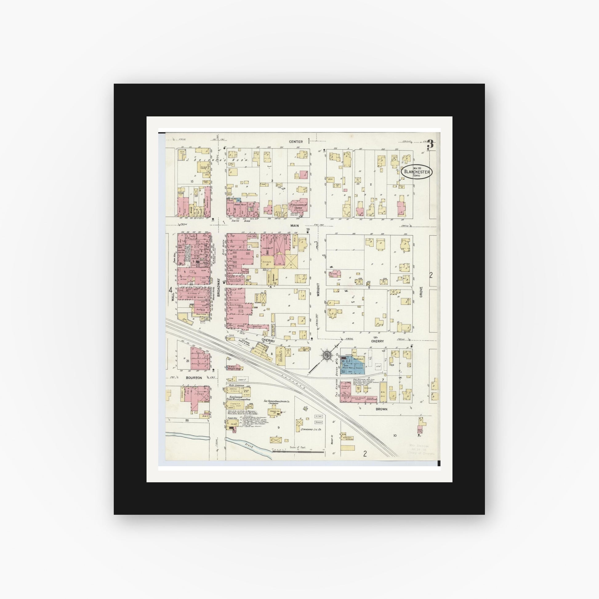 Old map wall art mockup — black gallery frame with white mat — Sanborn Fire Insurance Map from Blanchester, Clinton County, Ohio (1911), Sheet #0003