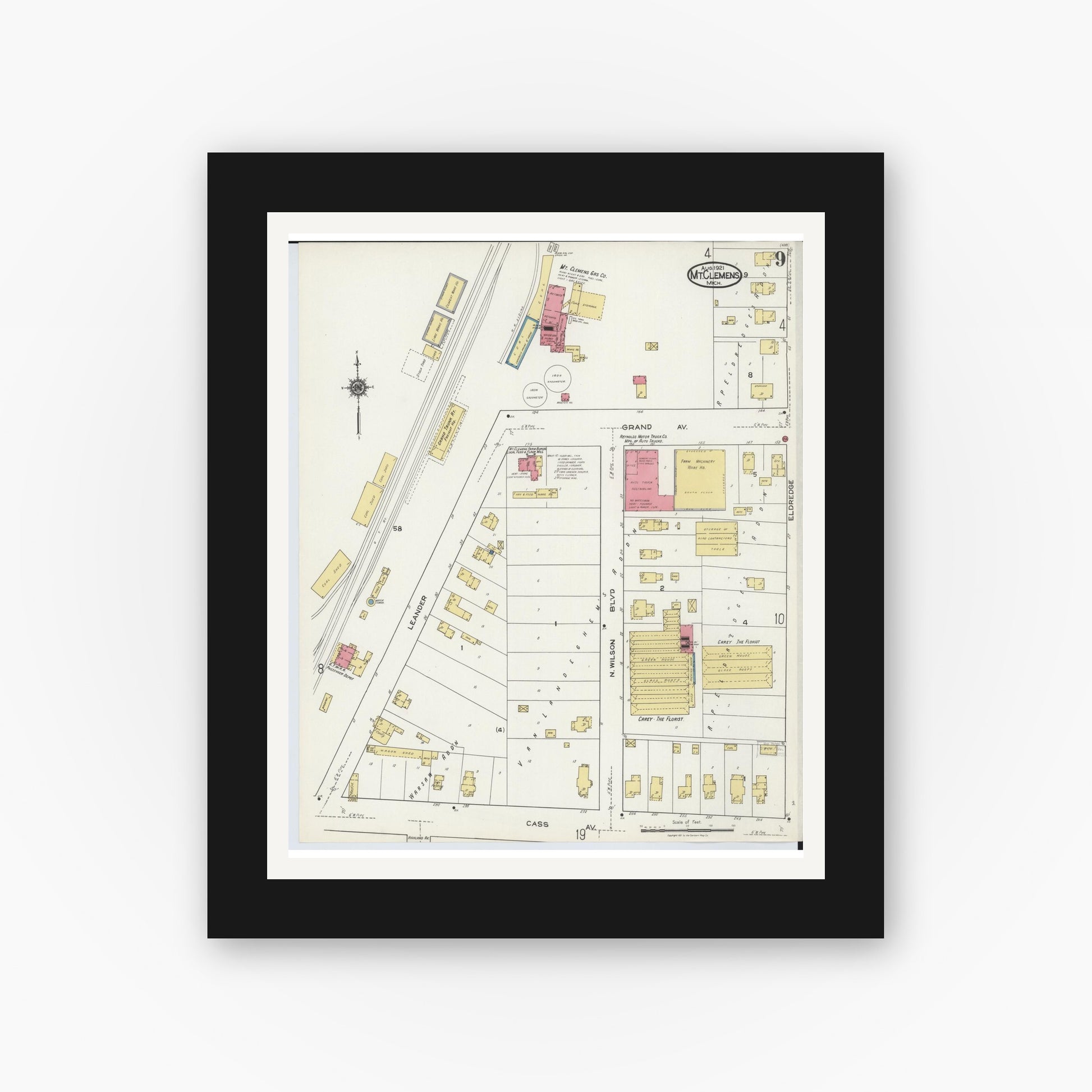 Old map wall art mockup — black gallery frame with white mat — Sanborn Fire Insurance Map from Mount Clemens, Macomb County, Michigan (1921), Sheet #0009