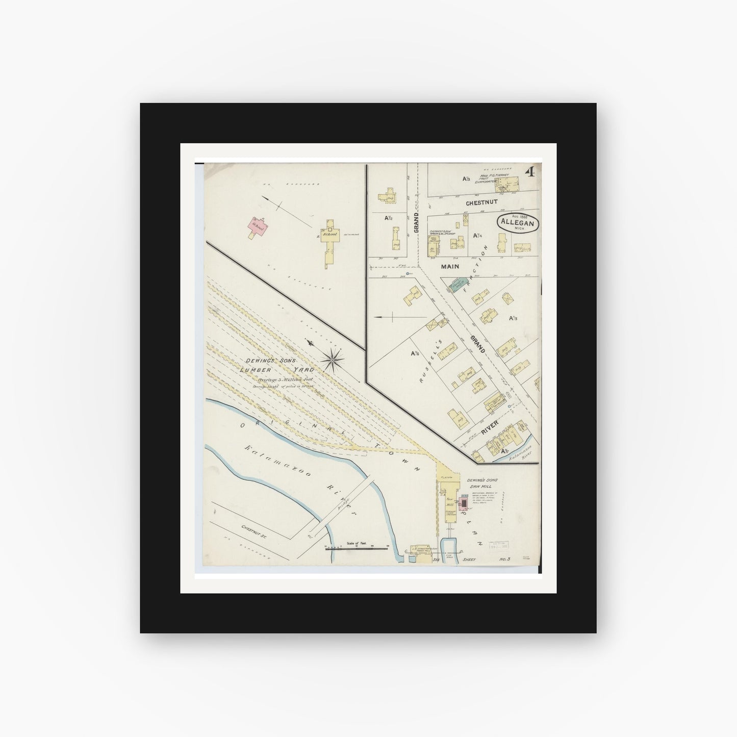 Old map wall art mockup — black gallery frame with white mat — Sanborn Fire Insurance Map from Allegan, Allegan County, Michigan (1888), Sheet #0004