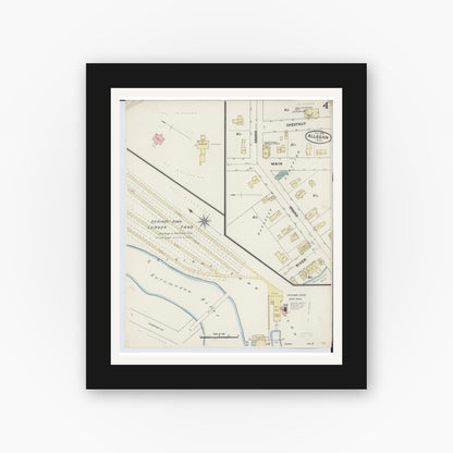 Old map wall art mockup — black gallery frame with white mat — Sanborn Fire Insurance Map from Allegan, Allegan County, Michigan (1888), Sheet #0004