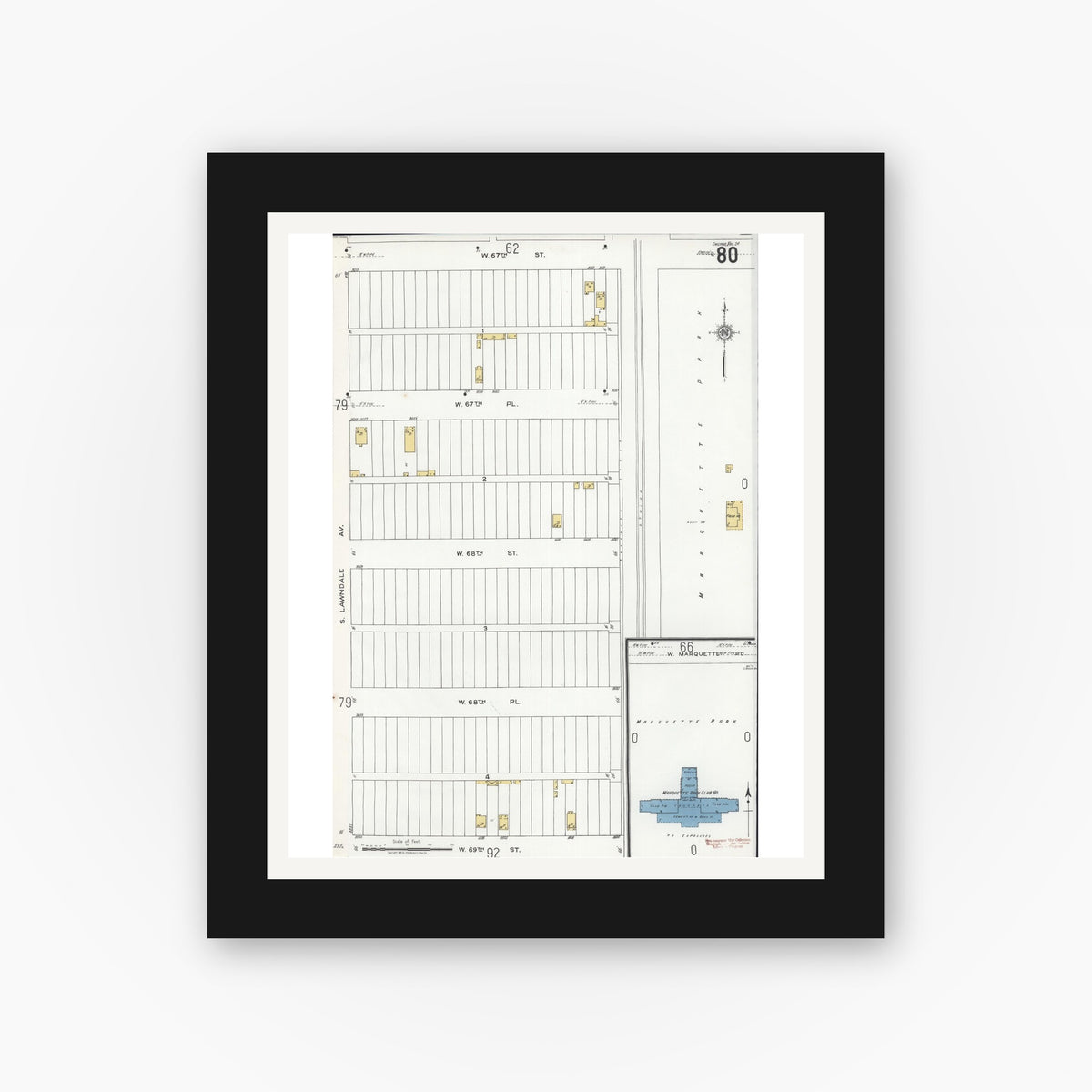 Old map wall art mockup — black gallery frame with white mat — Sanborn Fire Insurance Map from Chicago, Cook County, Illinois (1920), Sheet #0080