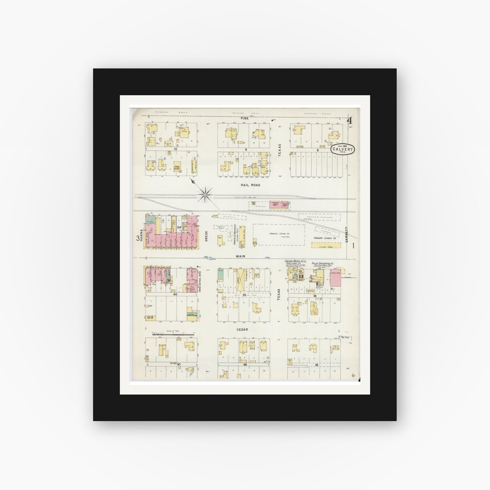 Old map wall art mockup — black gallery frame with white mat — Sanborn Fire Insurance Map from Calvert, Robertson County, Texas (1896), Sheet #0004