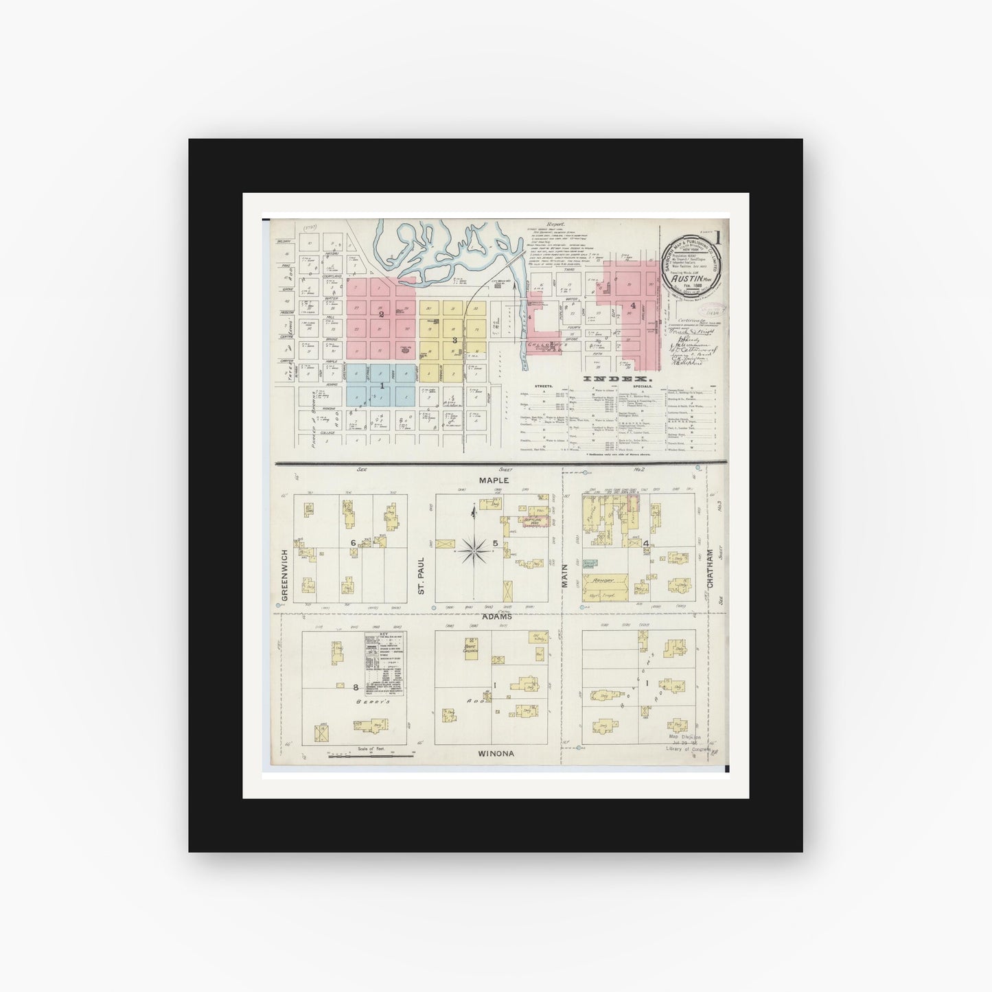 Old map wall art mockup — black gallery frame with white mat — Sanborn Fire Insurance Map from Austin, Mower County, Minnesota (1888) - Complete Map Set