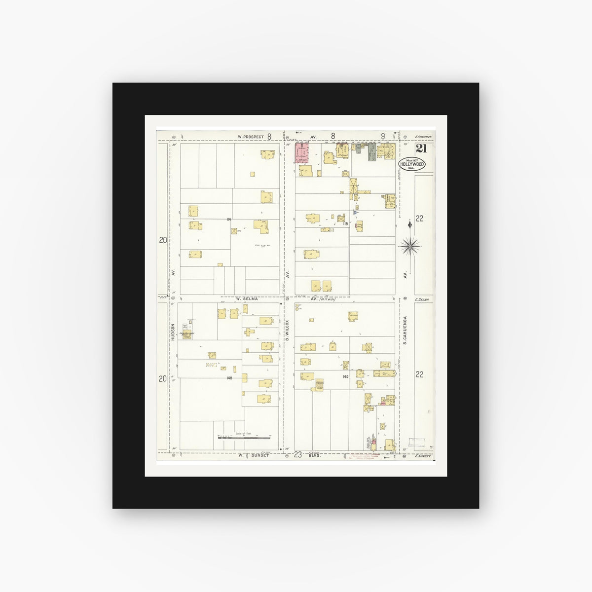 Old map wall art mockup — black gallery frame with white mat — Sanborn Fire Insurance Map from Hollywood, Los Angeles County, California (1907), Sheet #0021