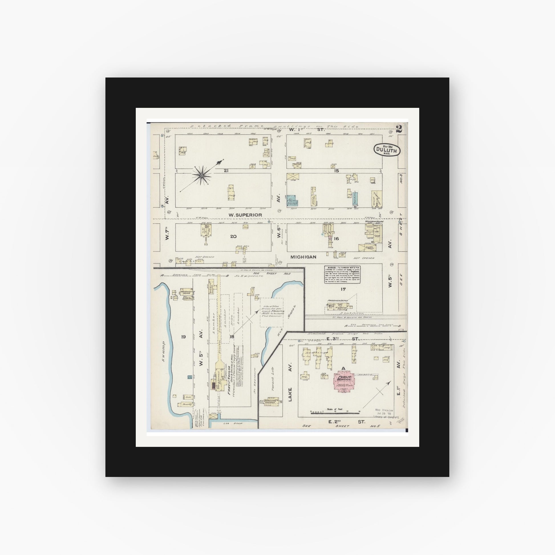 Old map wall art mockup — black gallery frame with white mat — Sanborn Fire Insurance Map from Duluth, Saint Louis County, Minnesota (1884), Sheet #0002