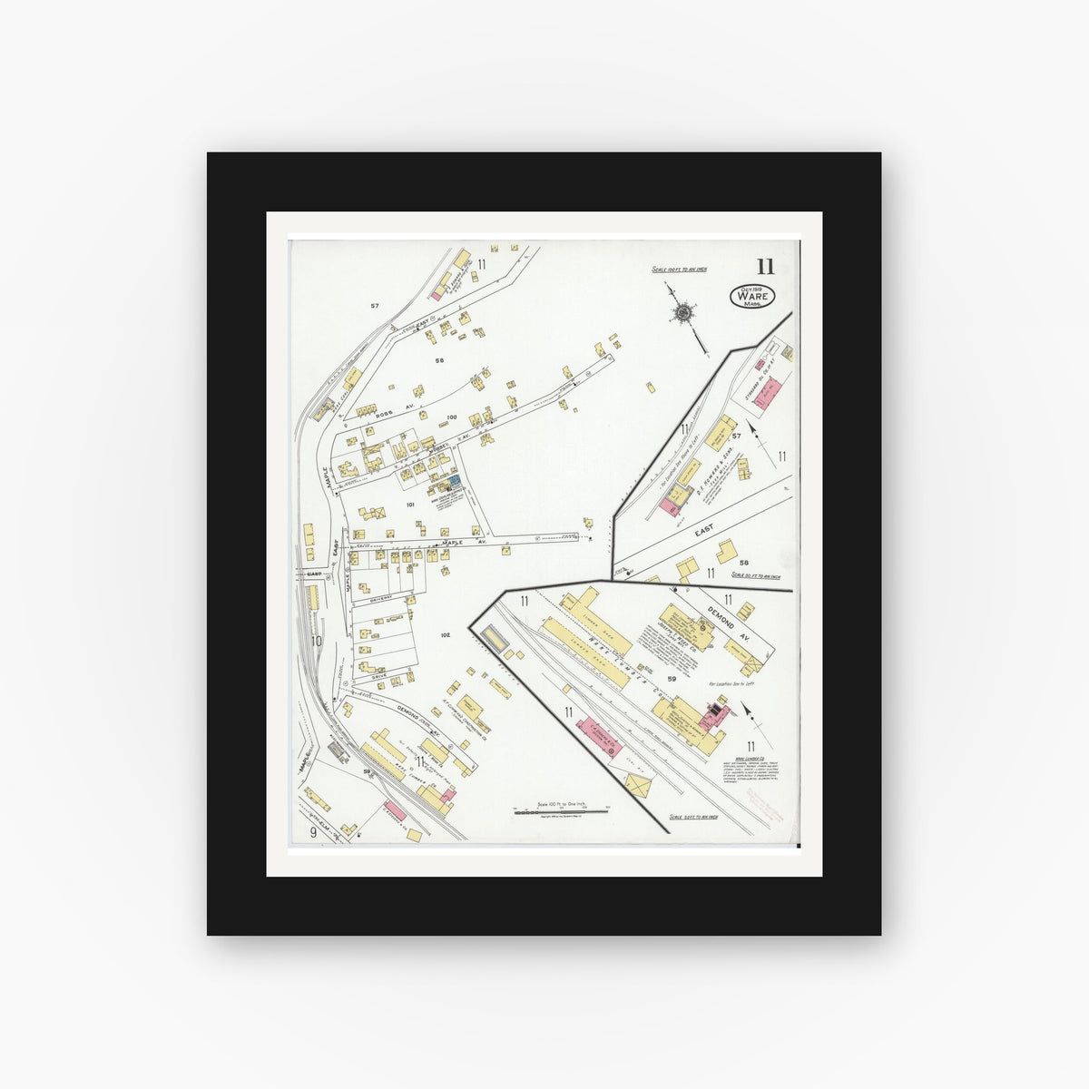 Old map wall art mockup — black gallery frame with white mat — Sanborn Fire Insurance Map from Ware, Hampshire County, Massachusetts (1919), Sheet #0011