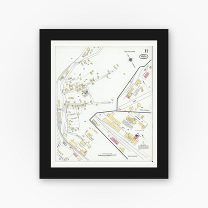 Old map wall art mockup — black gallery frame with white mat — Sanborn Fire Insurance Map from Ware, Hampshire County, Massachusetts (1919), Sheet #0011