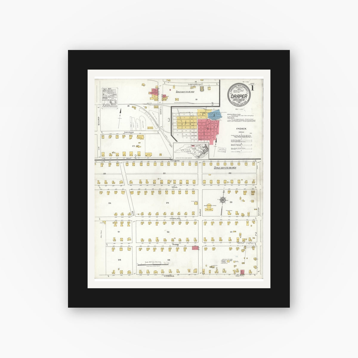Old map wall art mockup — black gallery frame with white mat — Sanborn Fire Insurance Map from Draper, Rockingham County, North Carolina (1921), Sheet #0001