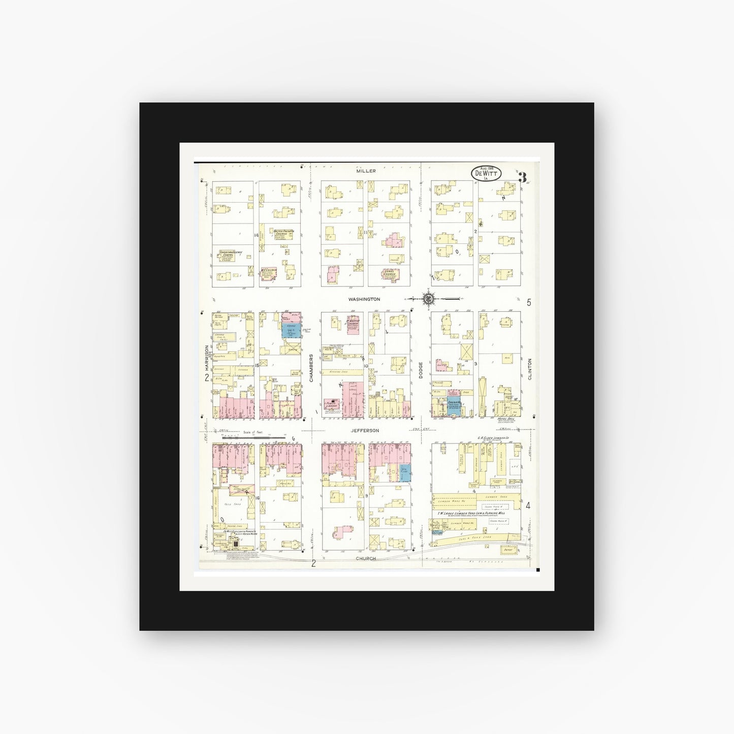 Old map wall art mockup — black gallery frame with white mat — Sanborn Fire Insurance Map from De Witt, Clinton County, Iowa (1914), Sheet #0003