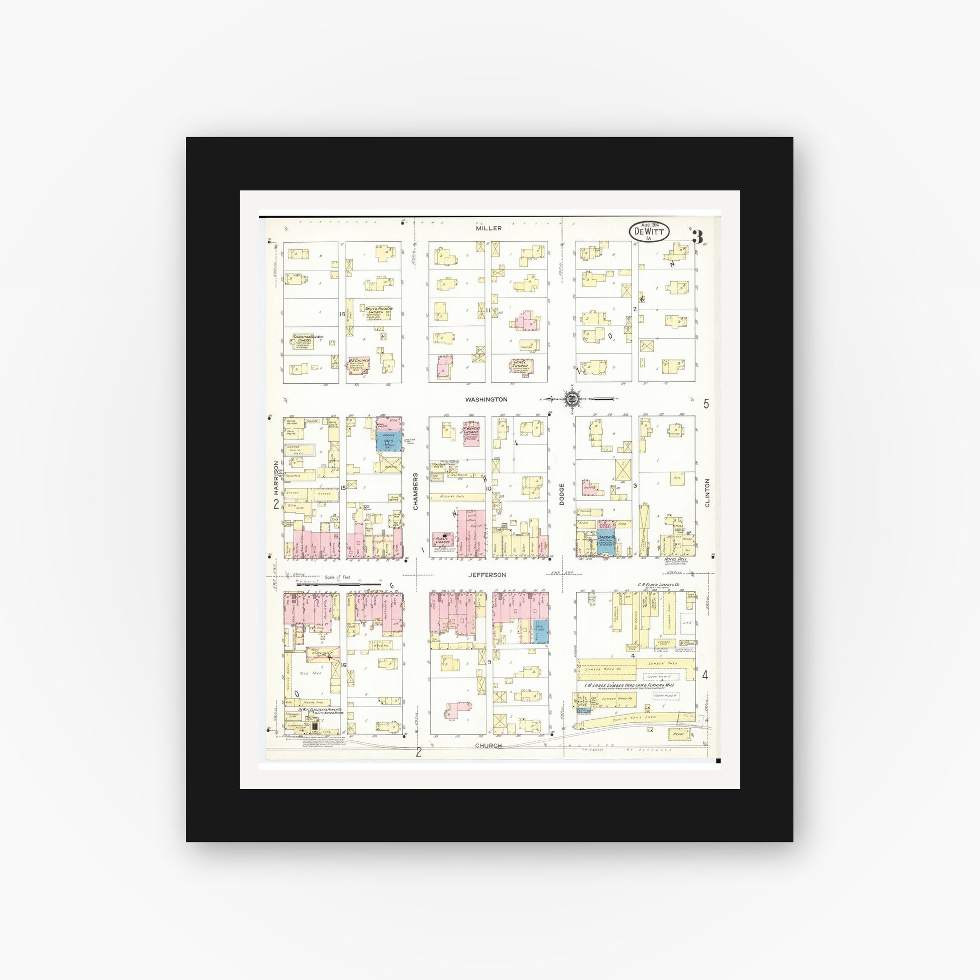 Old map wall art mockup — black gallery frame with white mat — Sanborn Fire Insurance Map from De Witt, Clinton County, Iowa (1914), Sheet #0003