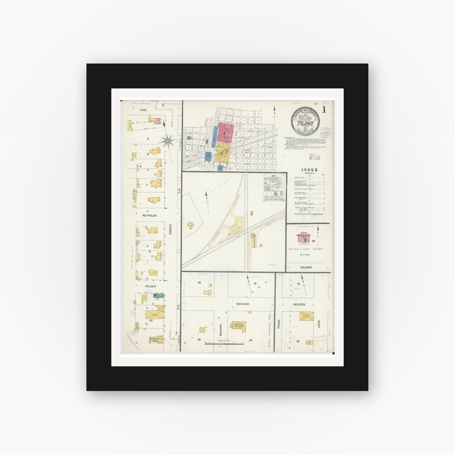 Old map wall art mockup — black gallery frame with white mat — Sanborn Fire Insurance Map from Tolono, Champaign County, Illinois (1907) - Complete Map Set