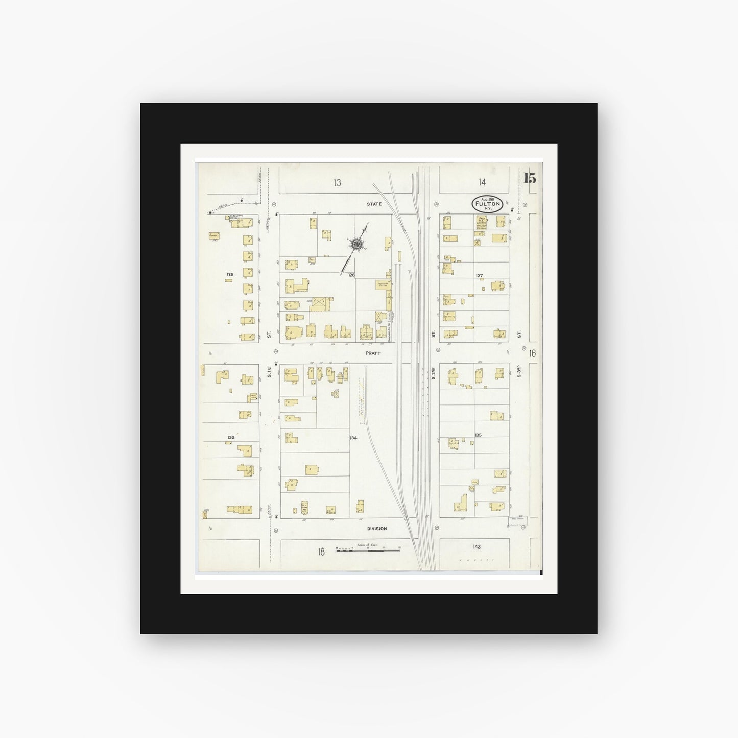 Old map wall art mockup — black gallery frame with white mat — Sanborn Fire Insurance Map from Fulton, Oswego County, New York (1911), Sheet #0015