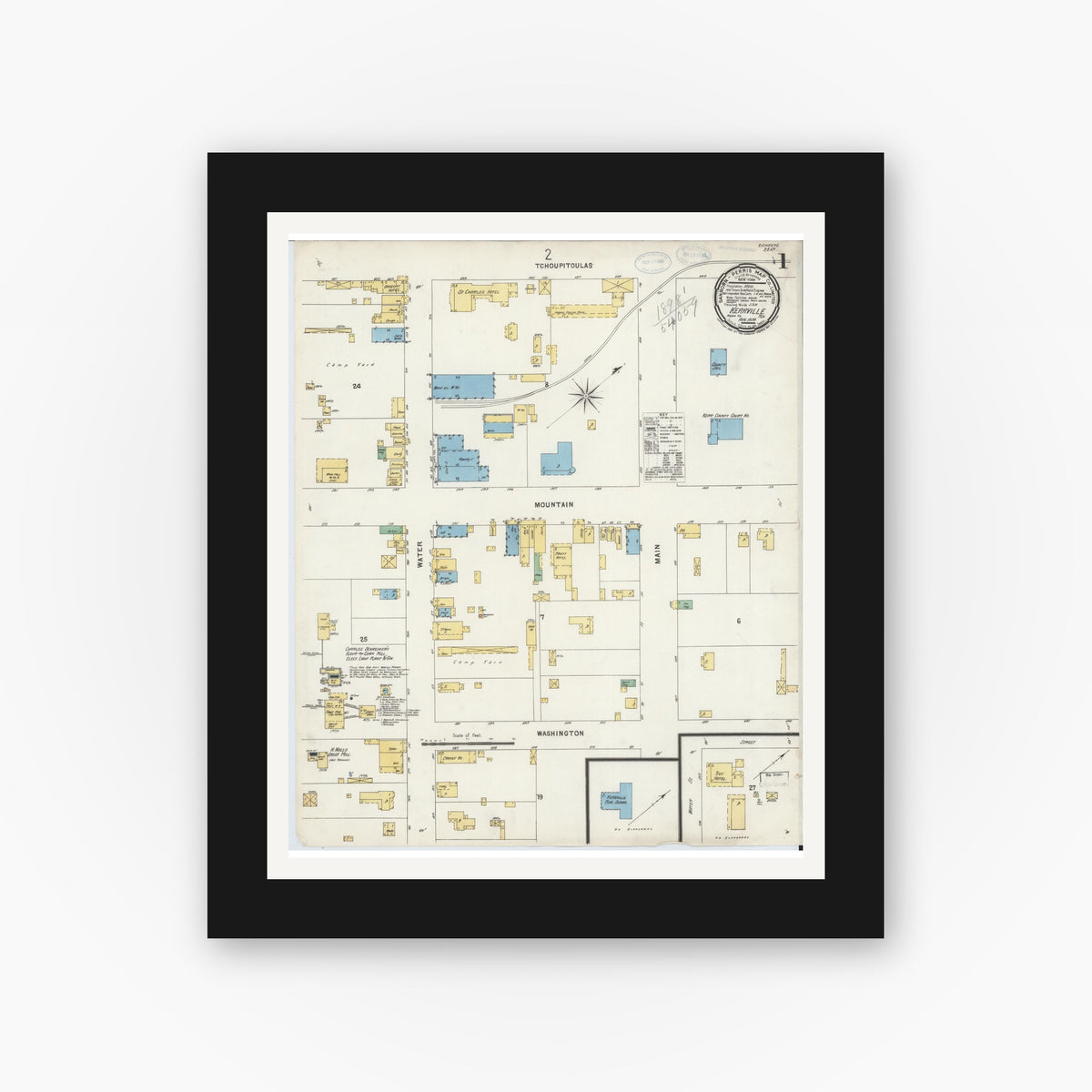 Old map wall art mockup — black gallery frame with white mat — Sanborn Fire Insurance Map from Kerrville, Kerr County, Texas (1898) - Complete Map Set