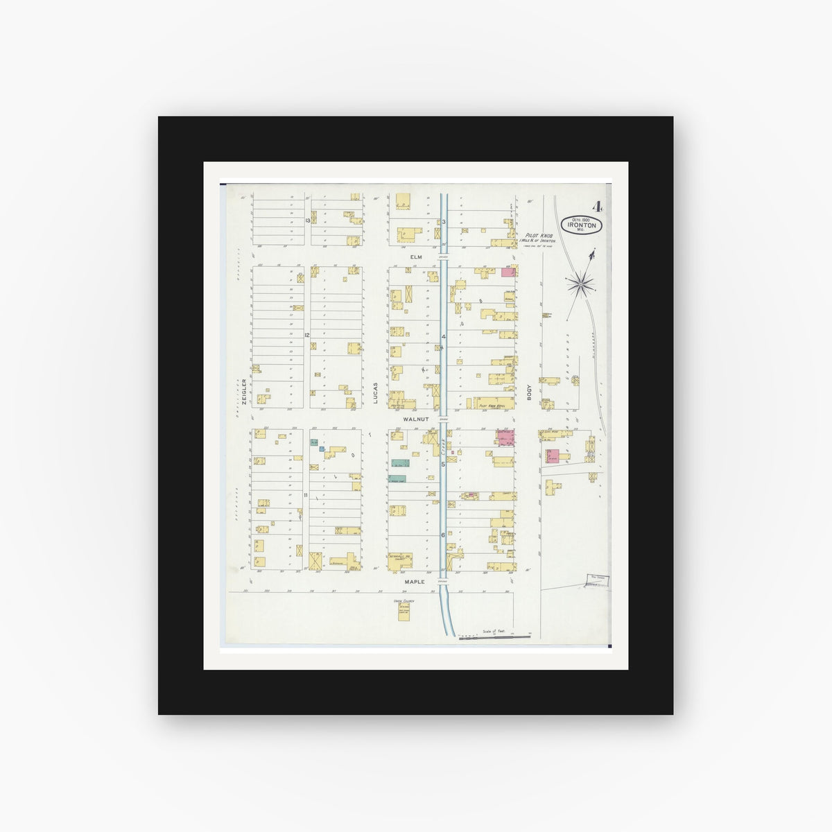 Old map wall art mockup — black gallery frame with white mat — Sanborn Fire Insurance Map from Ironton, Iron County, Missouri (1900), Sheet #0004