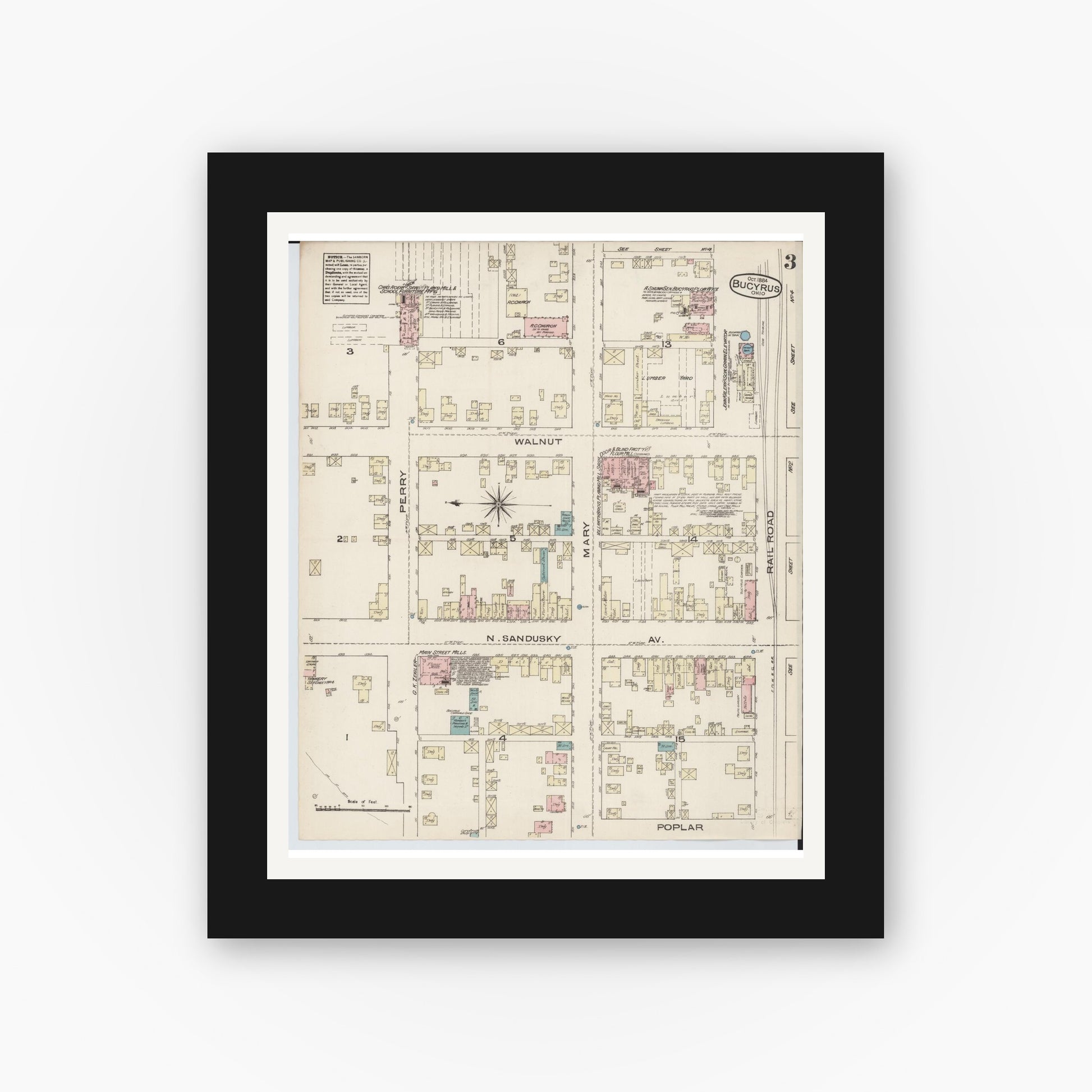 Old map wall art mockup — black gallery frame with white mat — Sanborn Fire Insurance Map from Bucyrus, Crawford County, Ohio (1884), Sheet #0003