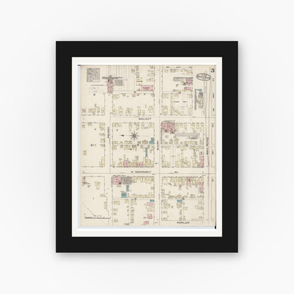 Old map wall art mockup — black gallery frame with white mat — Sanborn Fire Insurance Map from Bucyrus, Crawford County, Ohio (1884), Sheet #0003