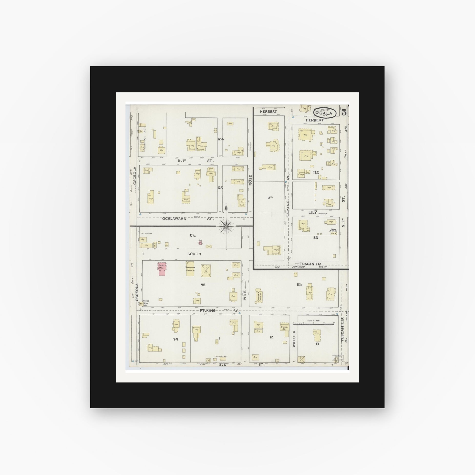 Old map wall art mockup — black gallery frame with white mat — Sanborn Fire Insurance Map from Ocala, Marion County, Florida (1891), Sheet #0005