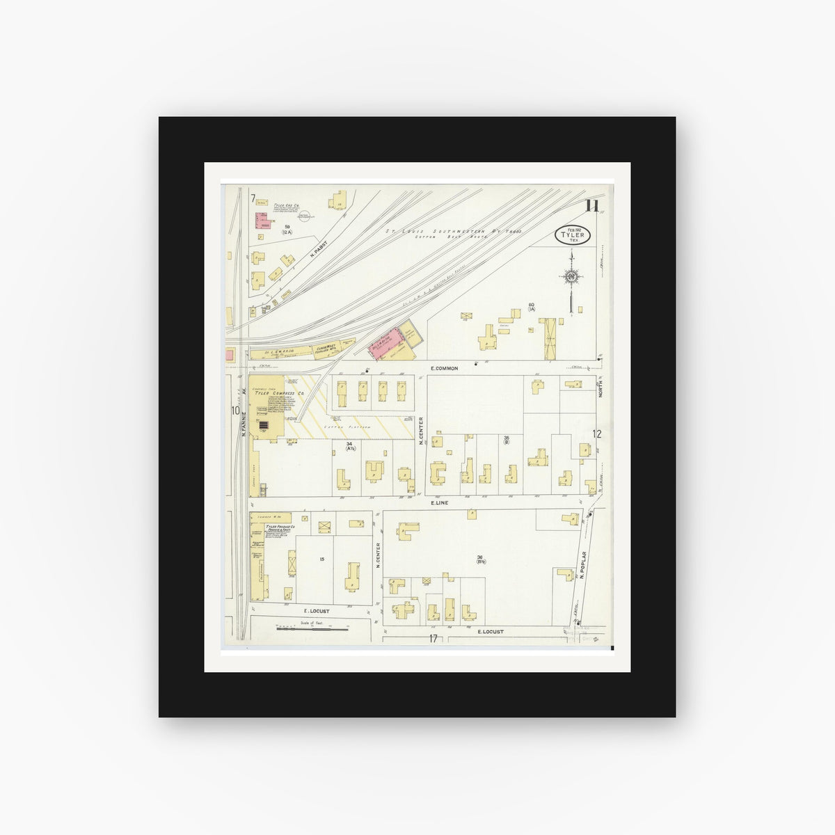 Old map wall art mockup — black gallery frame with white mat — Sanborn Fire Insurance Map from Tyler, Smith County, Texas (1912), Sheet #0011