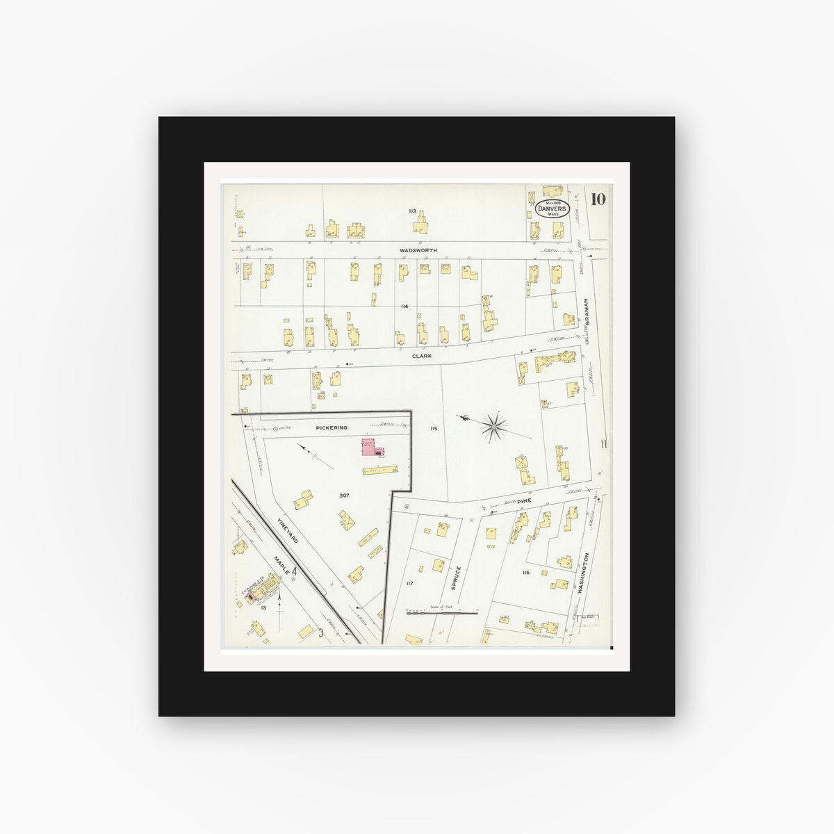 Old map wall art mockup — black gallery frame with white mat — Sanborn Fire Insurance Map from Danvers, Essex County, Massachusetts (1909), Sheet #0010