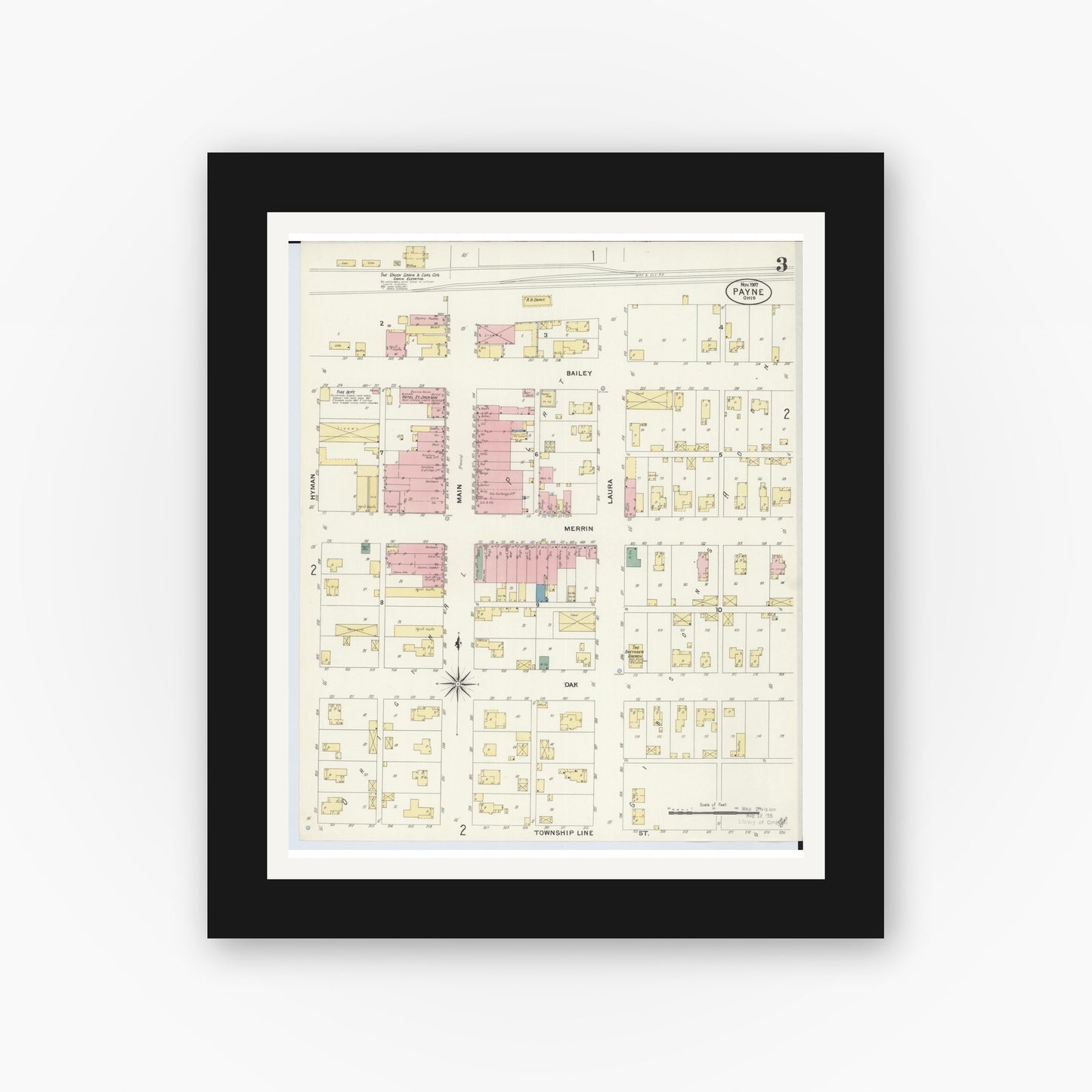 Old map wall art mockup — black gallery frame with white mat — Sanborn Fire Insurance Map from Payne, Paulding County, Ohio (1907), Sheet #0003