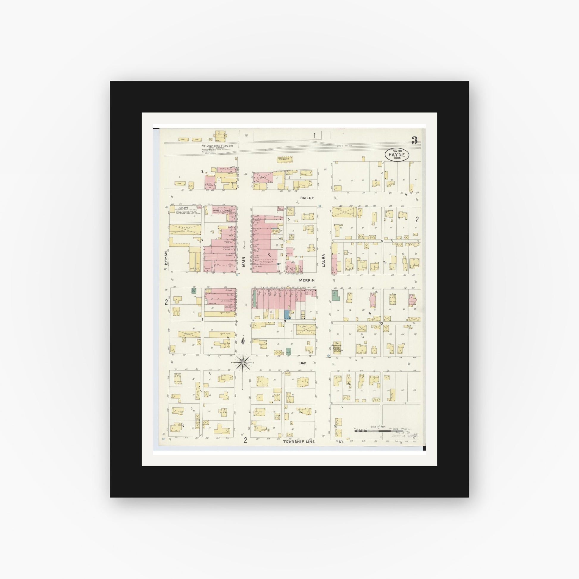 Old map wall art mockup — black gallery frame with white mat — Sanborn Fire Insurance Map from Payne, Paulding County, Ohio (1907), Sheet #0003