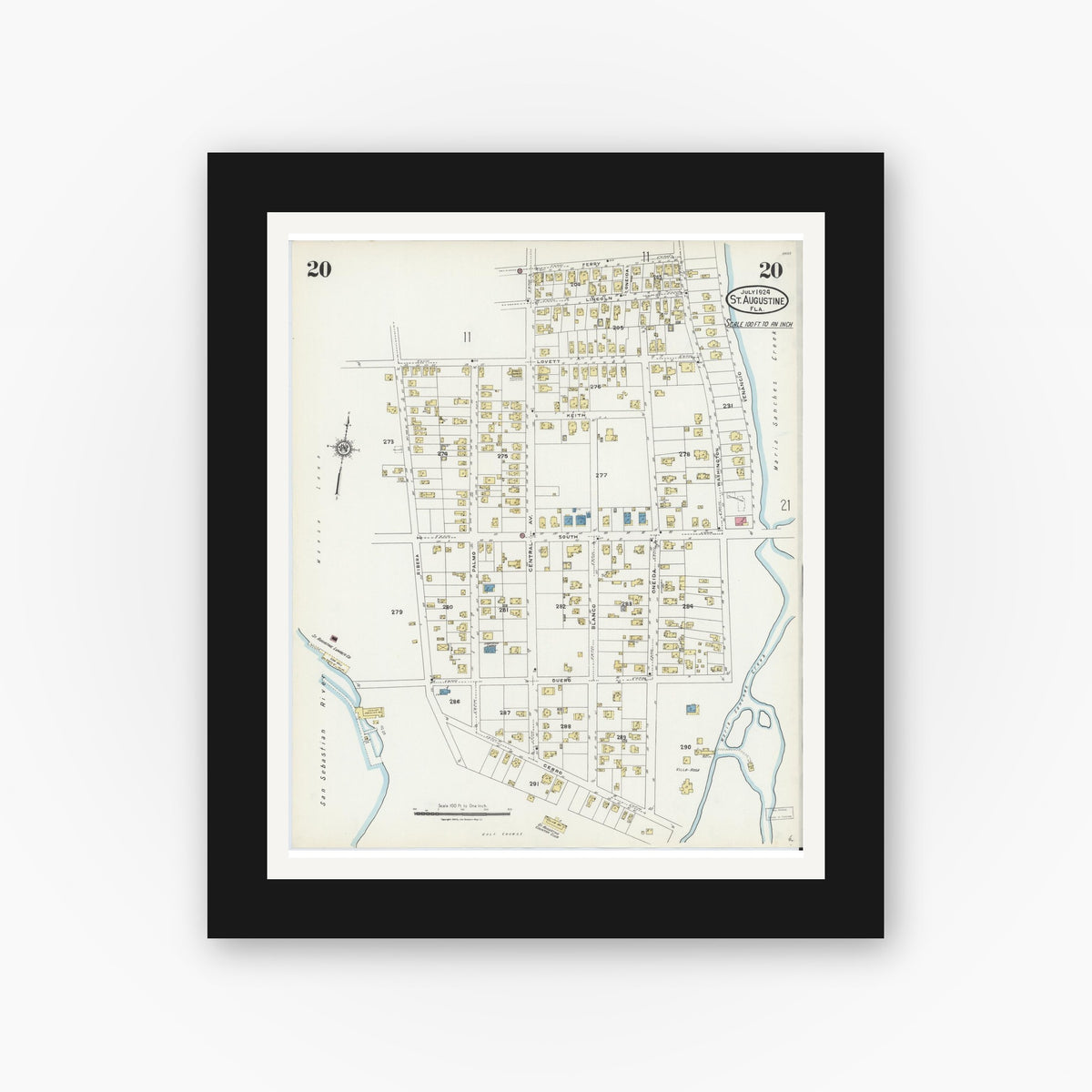 Old map wall art mockup — black gallery frame with white mat — Sanborn Fire Insurance Map from Saint Augustine, Saint John's County, Florida (1924), Sheet #0020