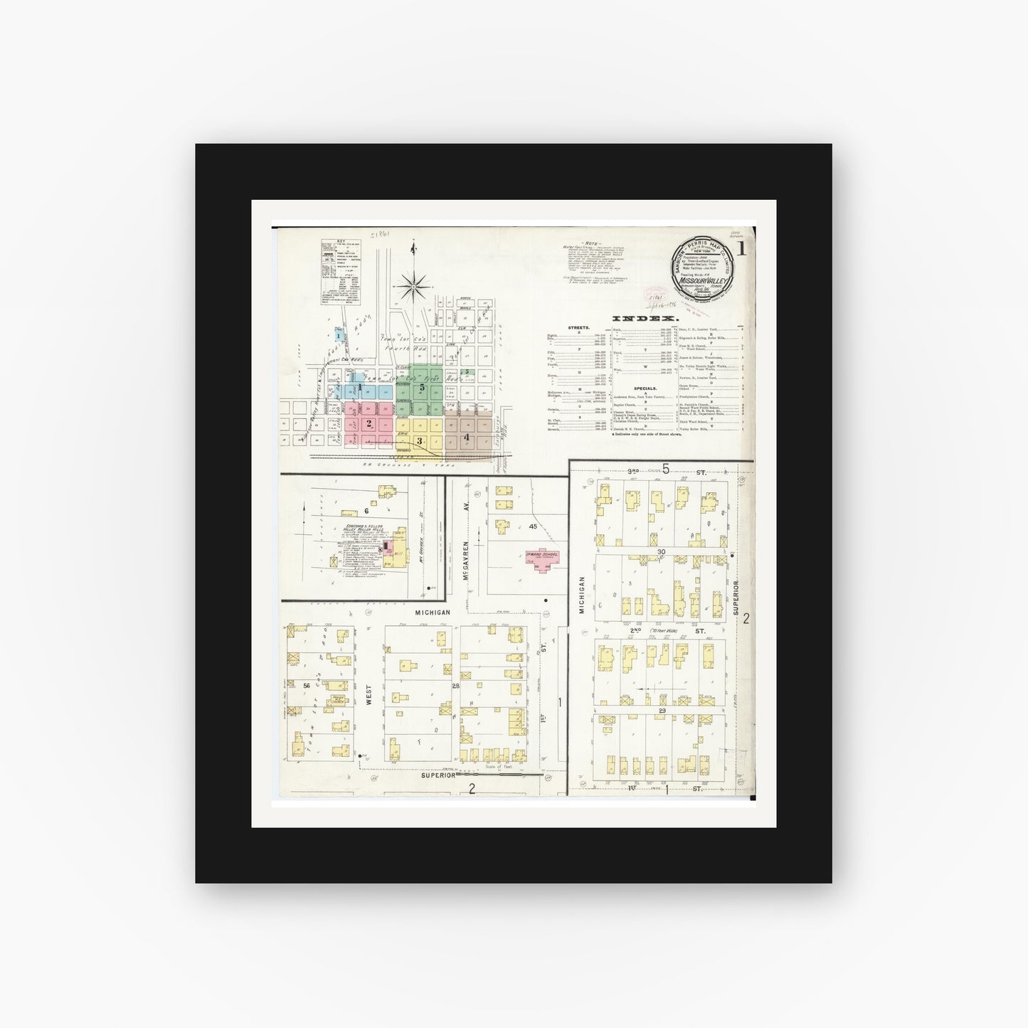 Old map wall art mockup — black gallery frame with white mat — Sanborn Fire Insurance Map from Missouri Valley, Harrison County, Iowa (1896) - Complete Map Set
