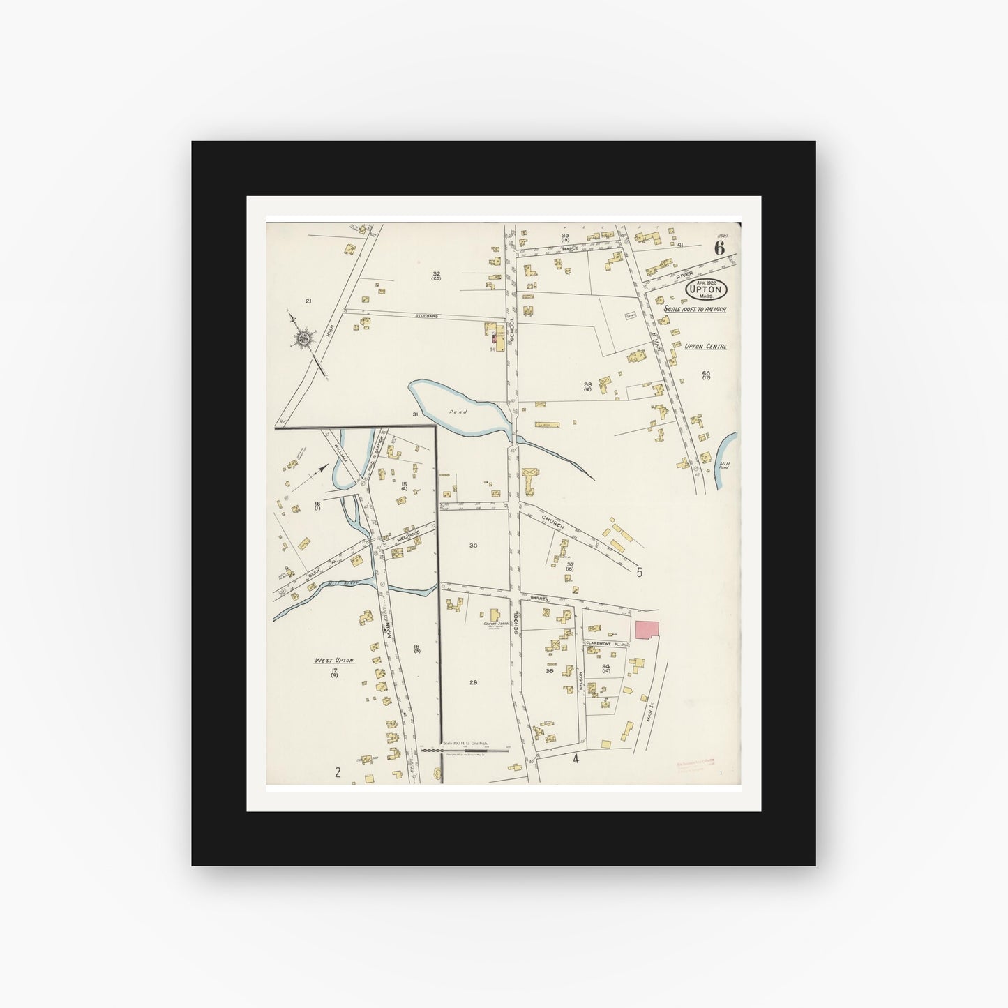 Old map wall art mockup — black gallery frame with white mat — Sanborn Fire Insurance Map from Upton, Worcester County, Massachusetts (1922), Sheet #0006