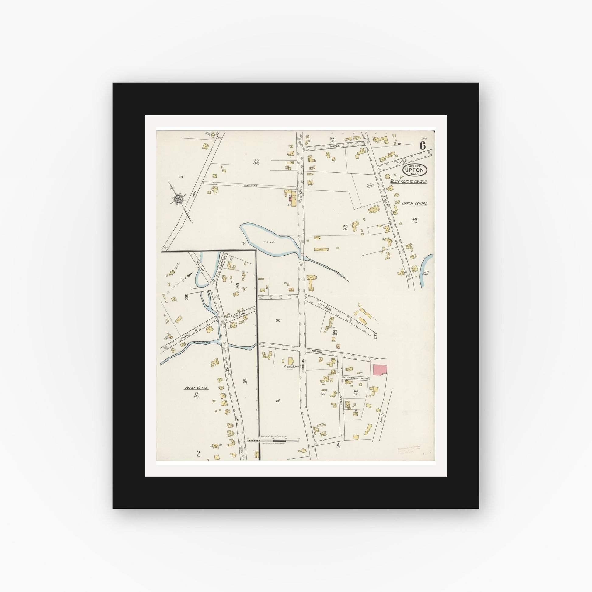 Old map wall art mockup — black gallery frame with white mat — Sanborn Fire Insurance Map from Upton, Worcester County, Massachusetts (1922), Sheet #0006