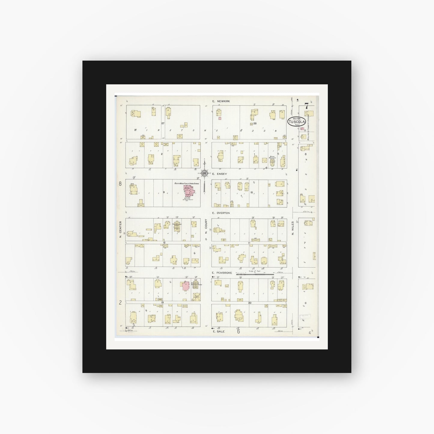 Old map wall art mockup — black gallery frame with white mat — Sanborn Fire Insurance Map from Tuscola, Douglas County, Illinois (1914), Sheet #0007